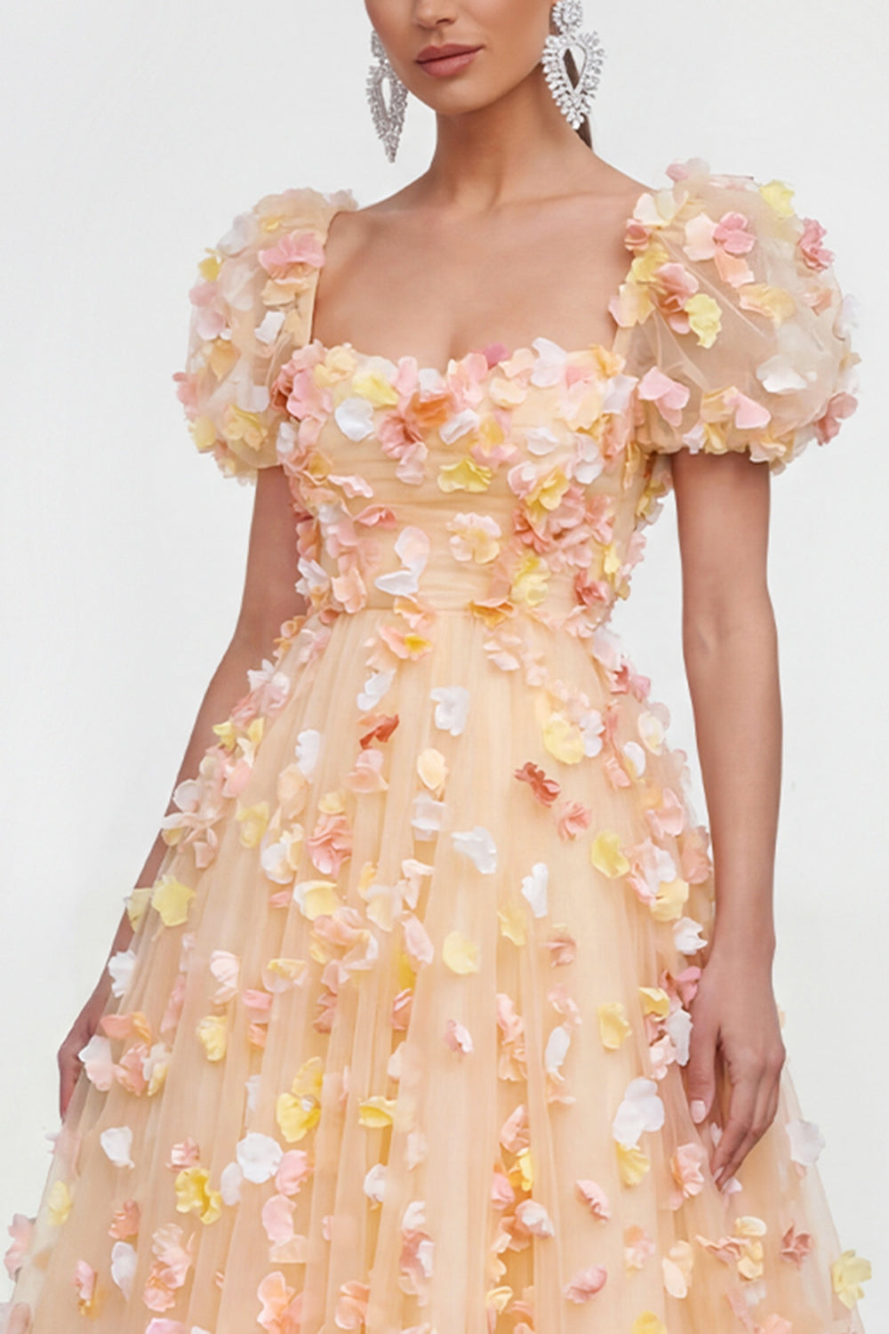 Champagne A-Line Puff Sleeve Lace-Up Back Floral Dress with 3D Flowers
