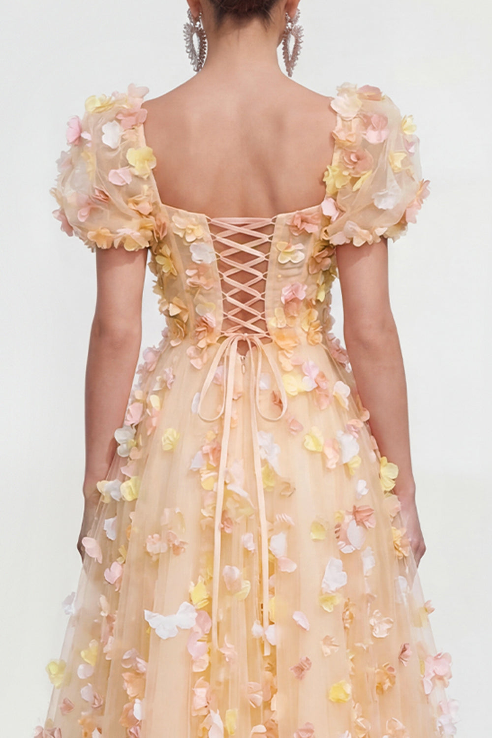 Champagne A-Line Puff Sleeve Lace-Up Back Floral Dress with 3D Flowers