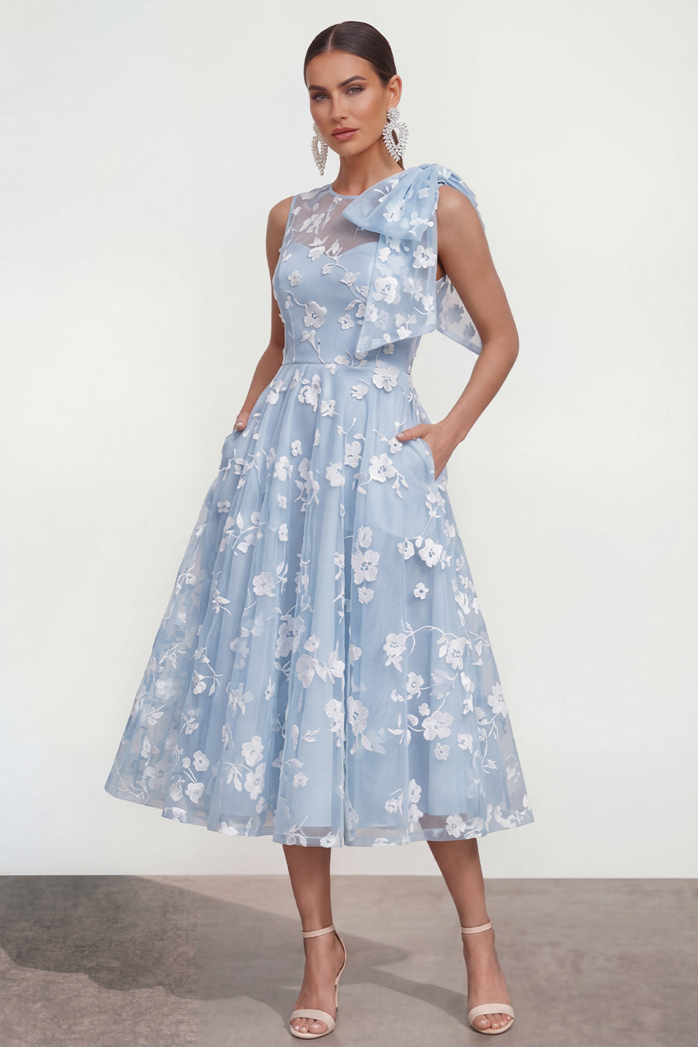 Pink Floral A-Line Bowed Round Neck Midi Dress with Pockets