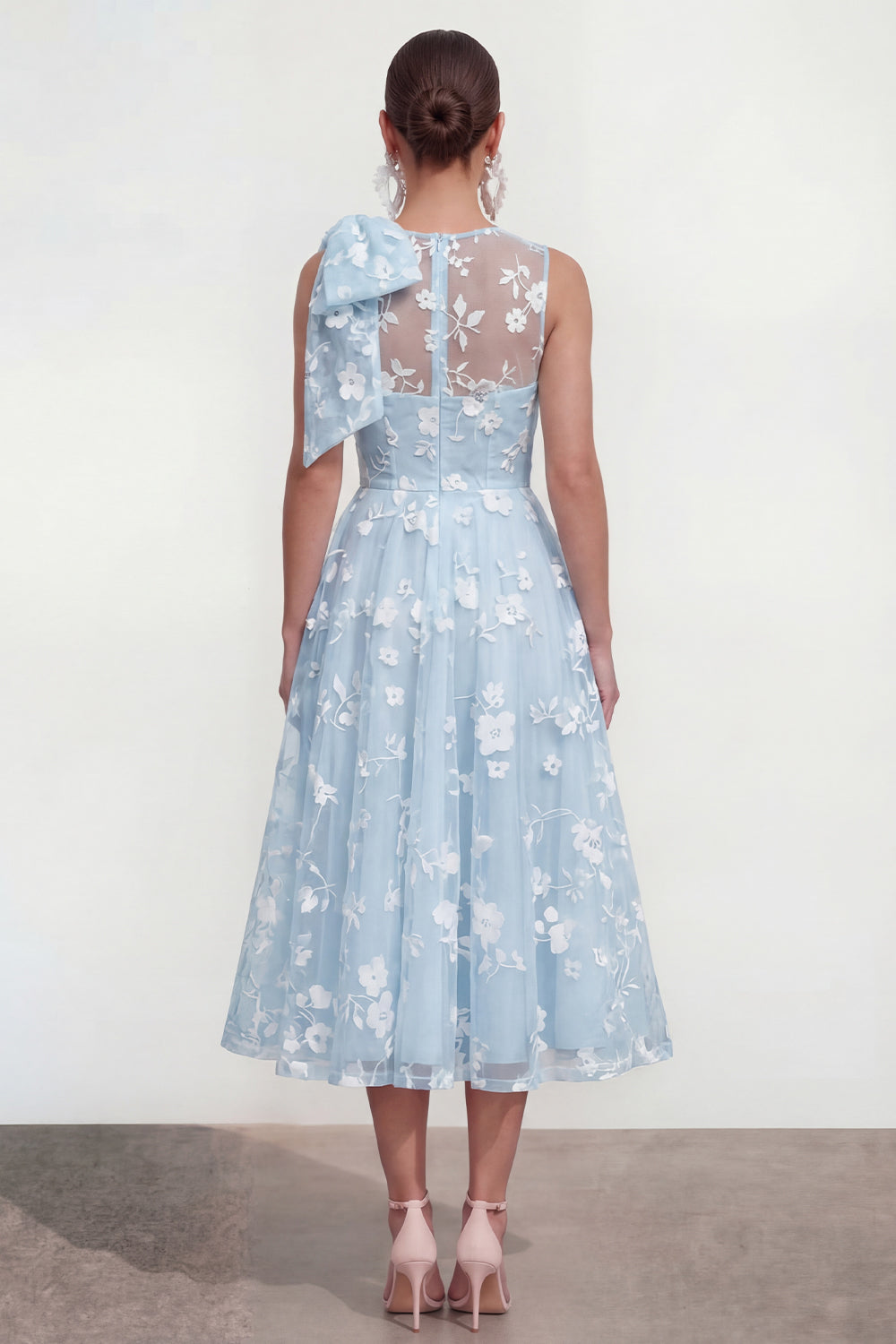 Pink Floral A-Line Bowed Round Neck Midi Dress with Pockets