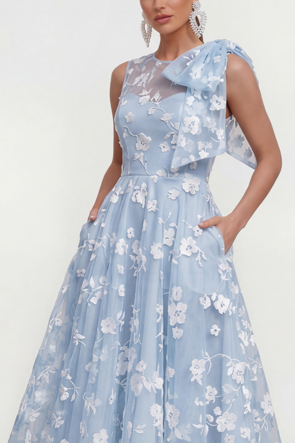 Pink Floral A-Line Bowed Round Neck Midi Dress with Pockets
