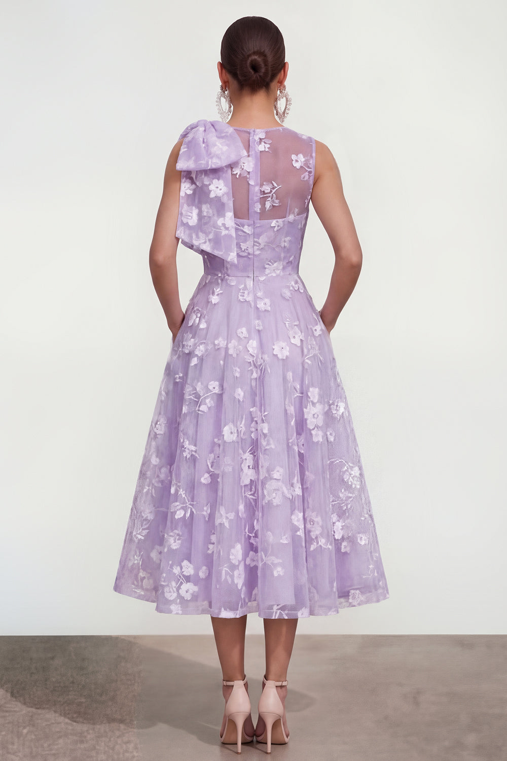 Pink Floral A-Line Bowed Round Neck Midi Dress with Pockets