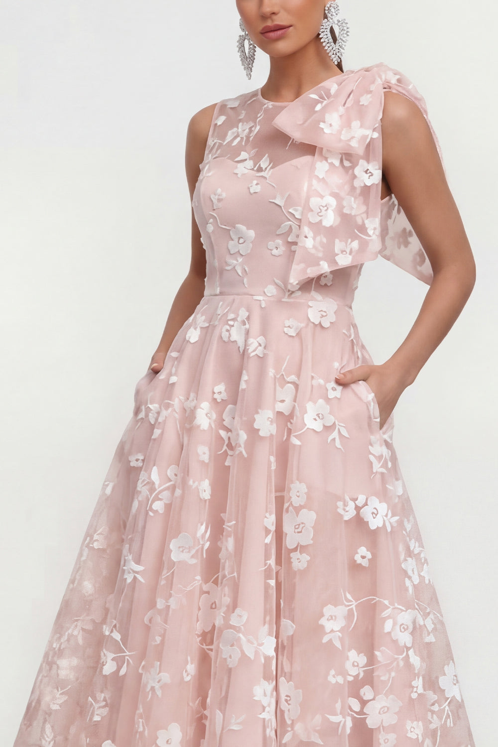 Pink Floral A-Line Bowed Round Neck Midi Dress with Pockets