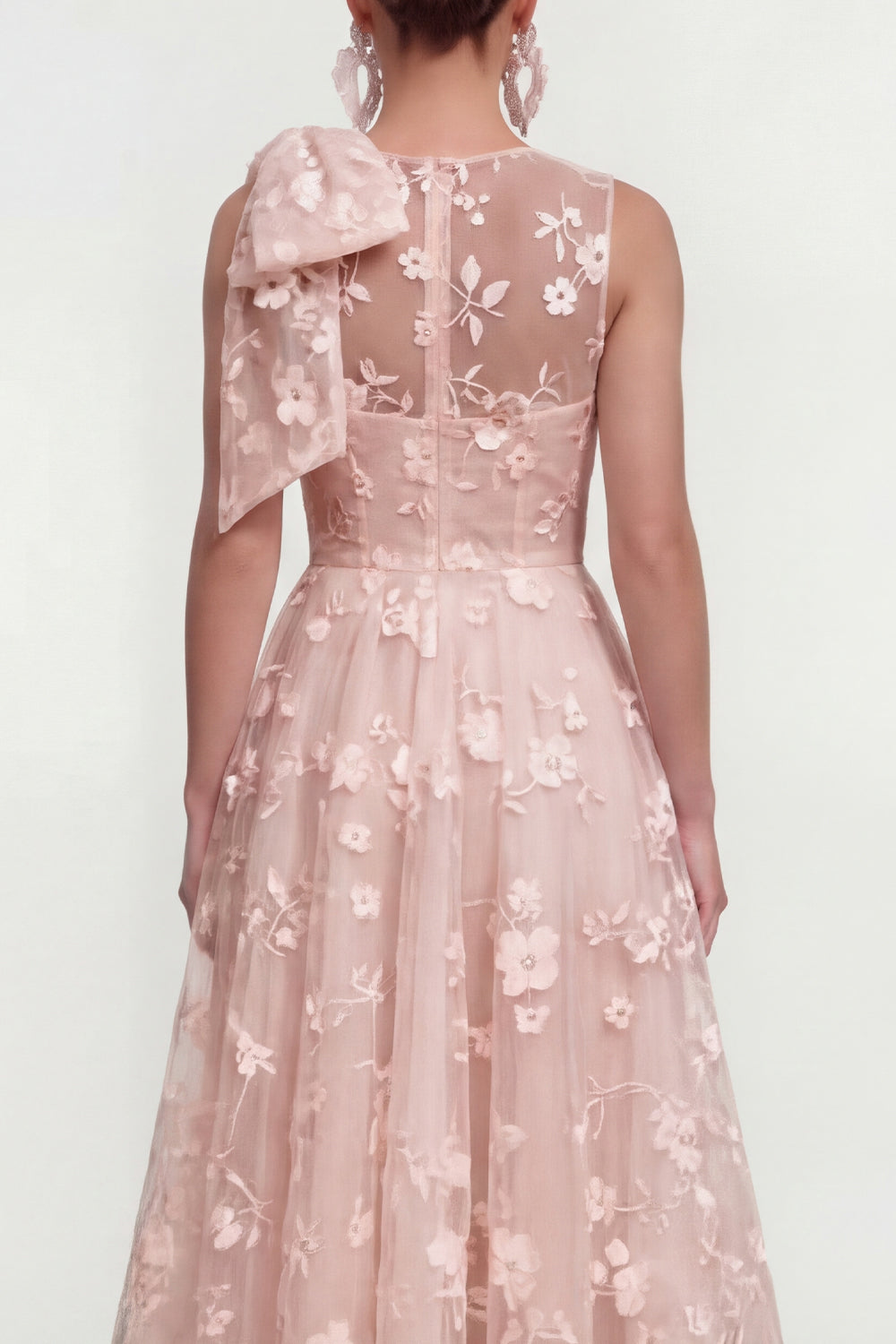 Pink Floral A-Line Bowed Round Neck Midi Dress with Pockets