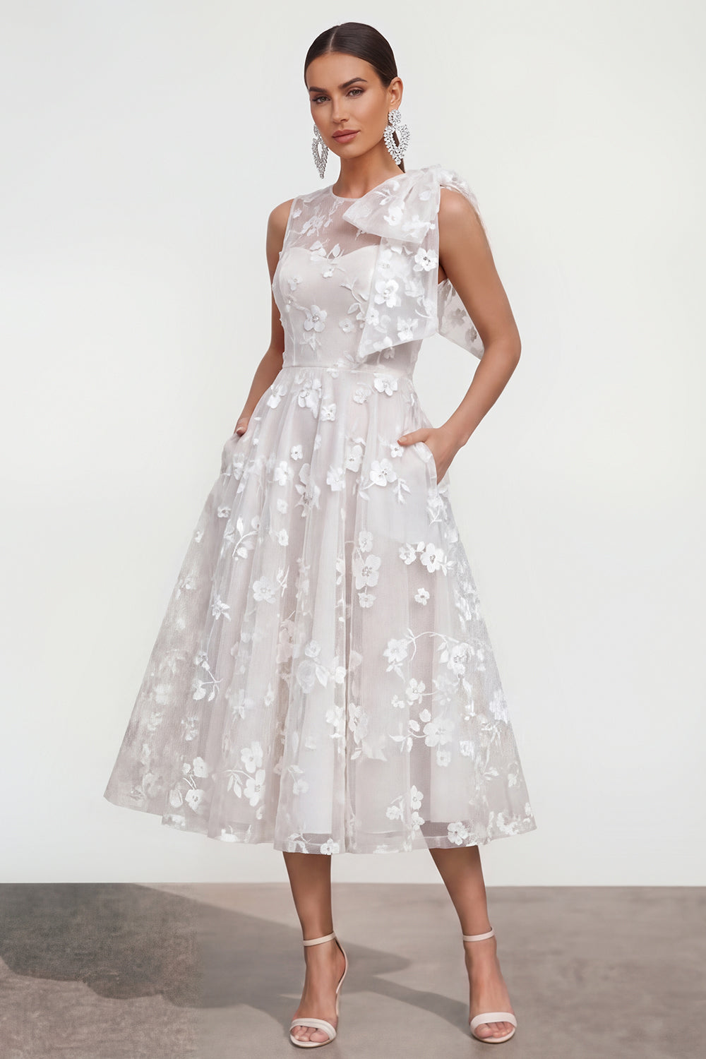 Pink Floral A-Line Bowed Round Neck Midi Dress with Pockets