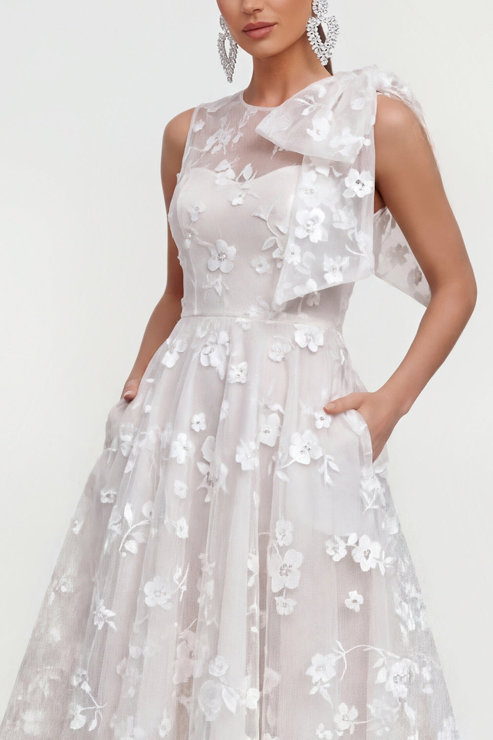 Pink Floral A-Line Bowed Round Neck Midi Dress with Pockets