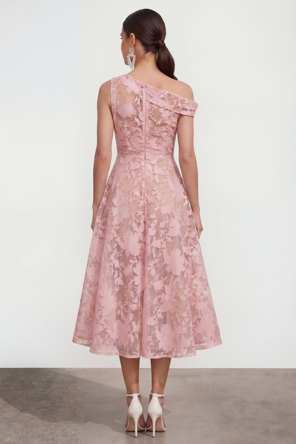 Pink One Shoulder A-Line Midi Floral Dress