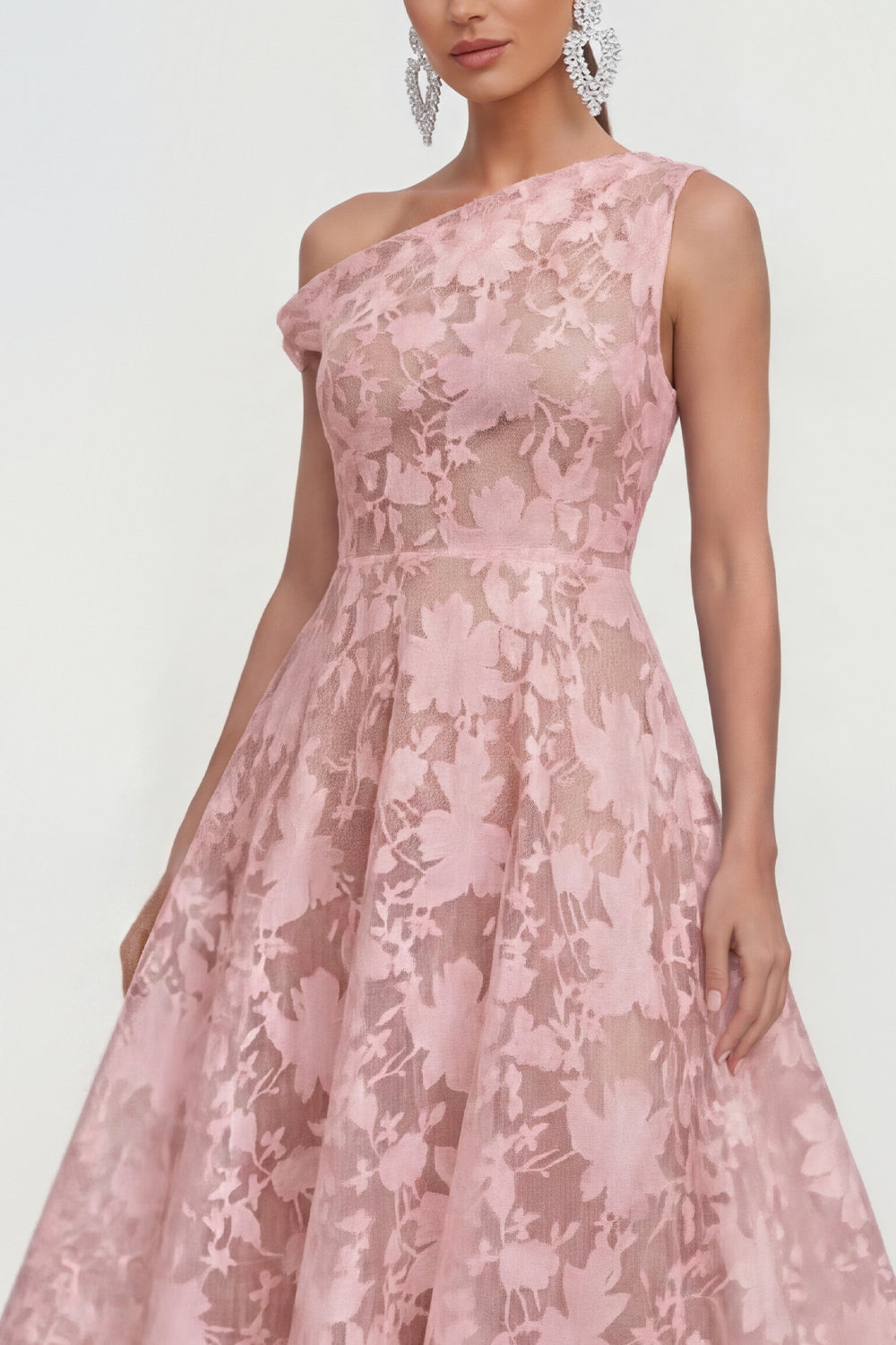 Pink One Shoulder A-Line Midi Floral Dress