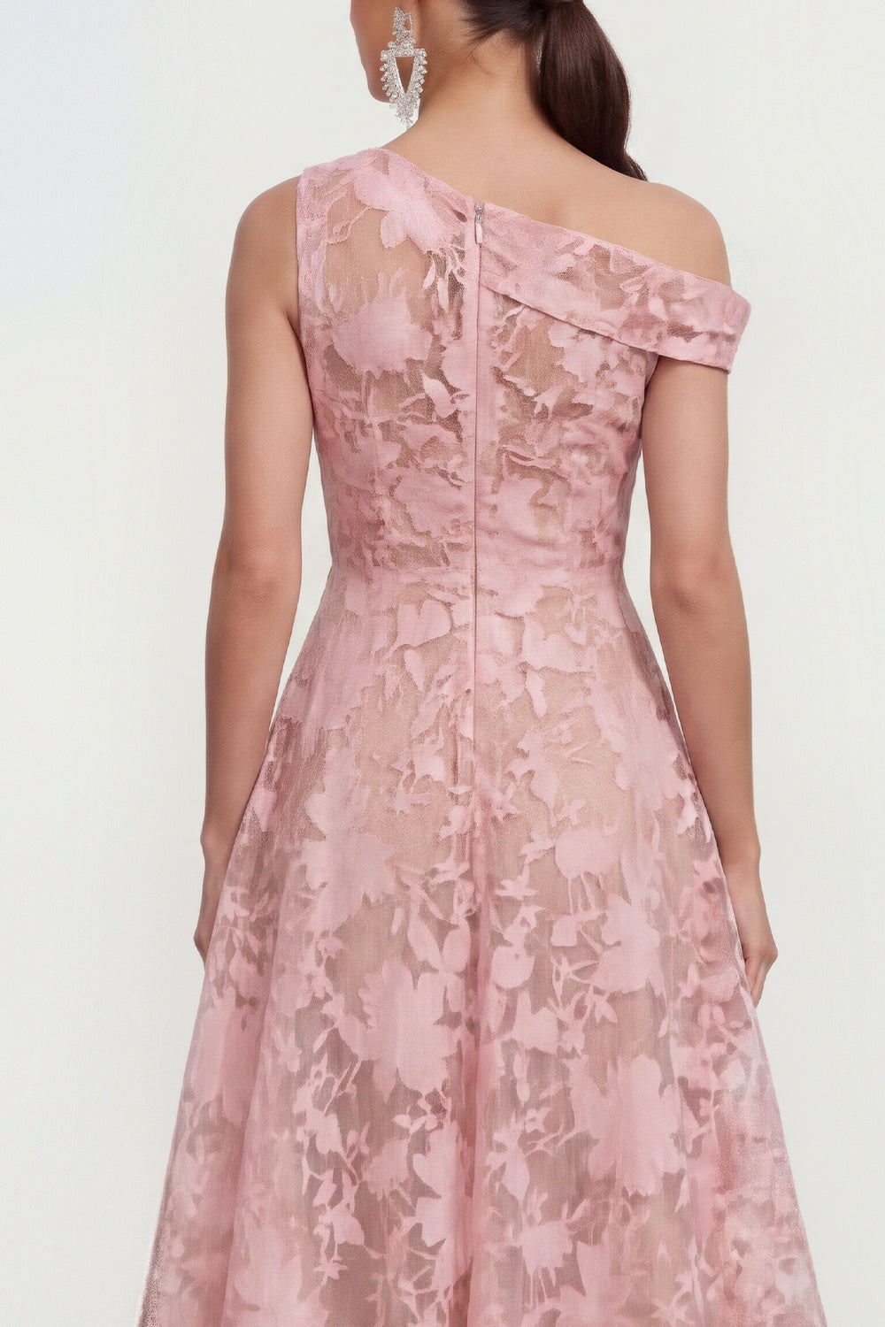 Pink One Shoulder A-Line Midi Floral Dress