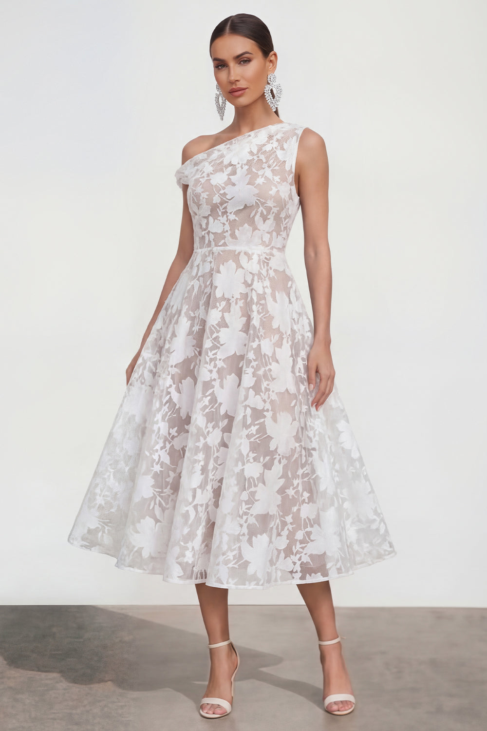 Pink One Shoulder A-Line Midi Floral Dress