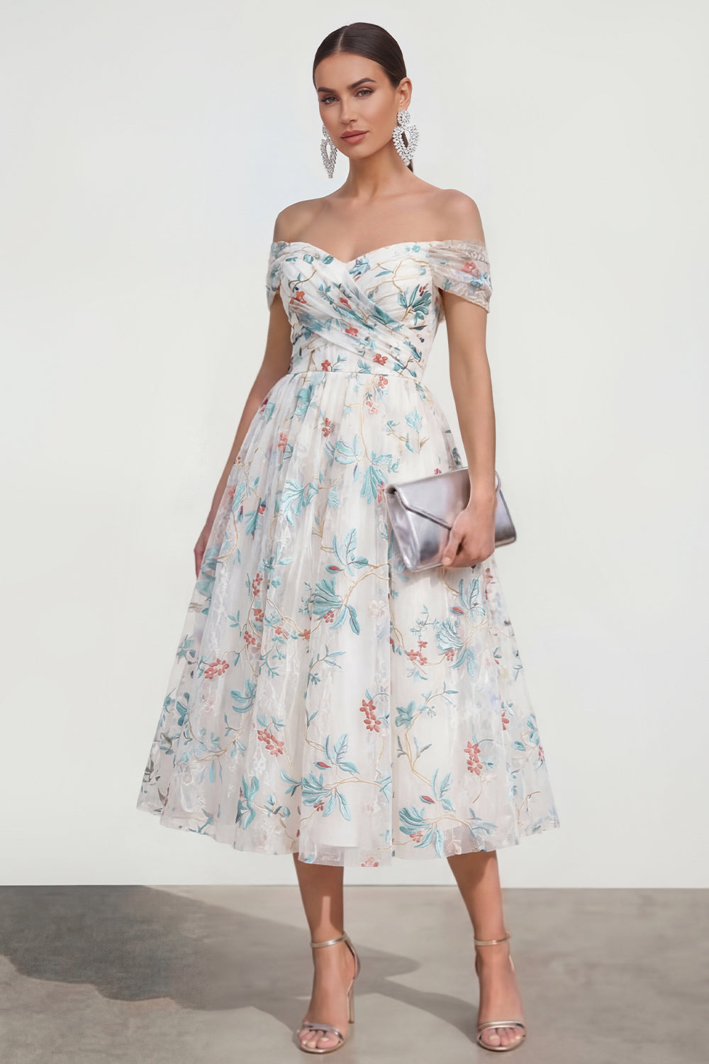 White A Line Off The Shoulder Midi Multi Floral Dress