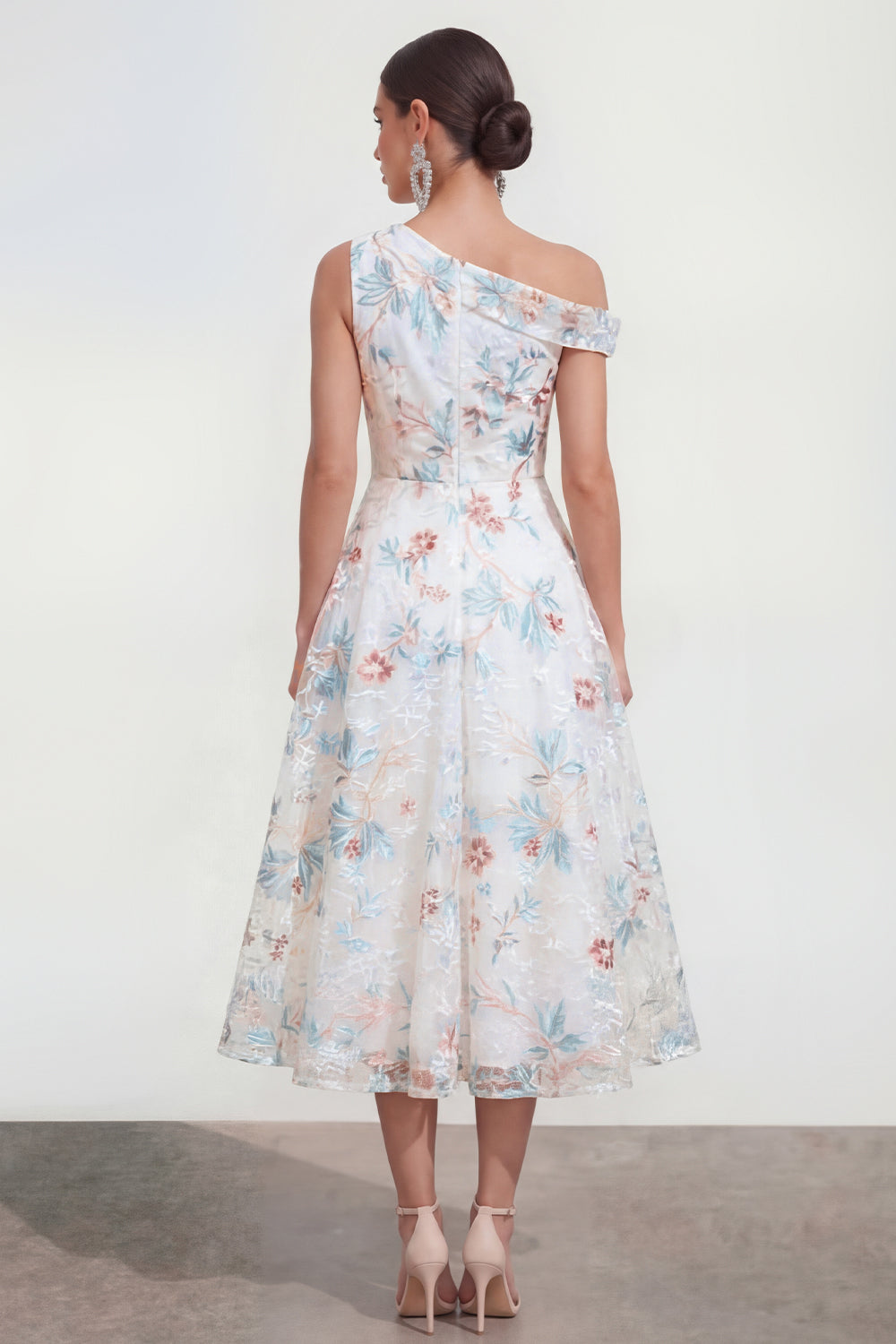 White A-Line One Shoulder Midi Multi Floral Dress