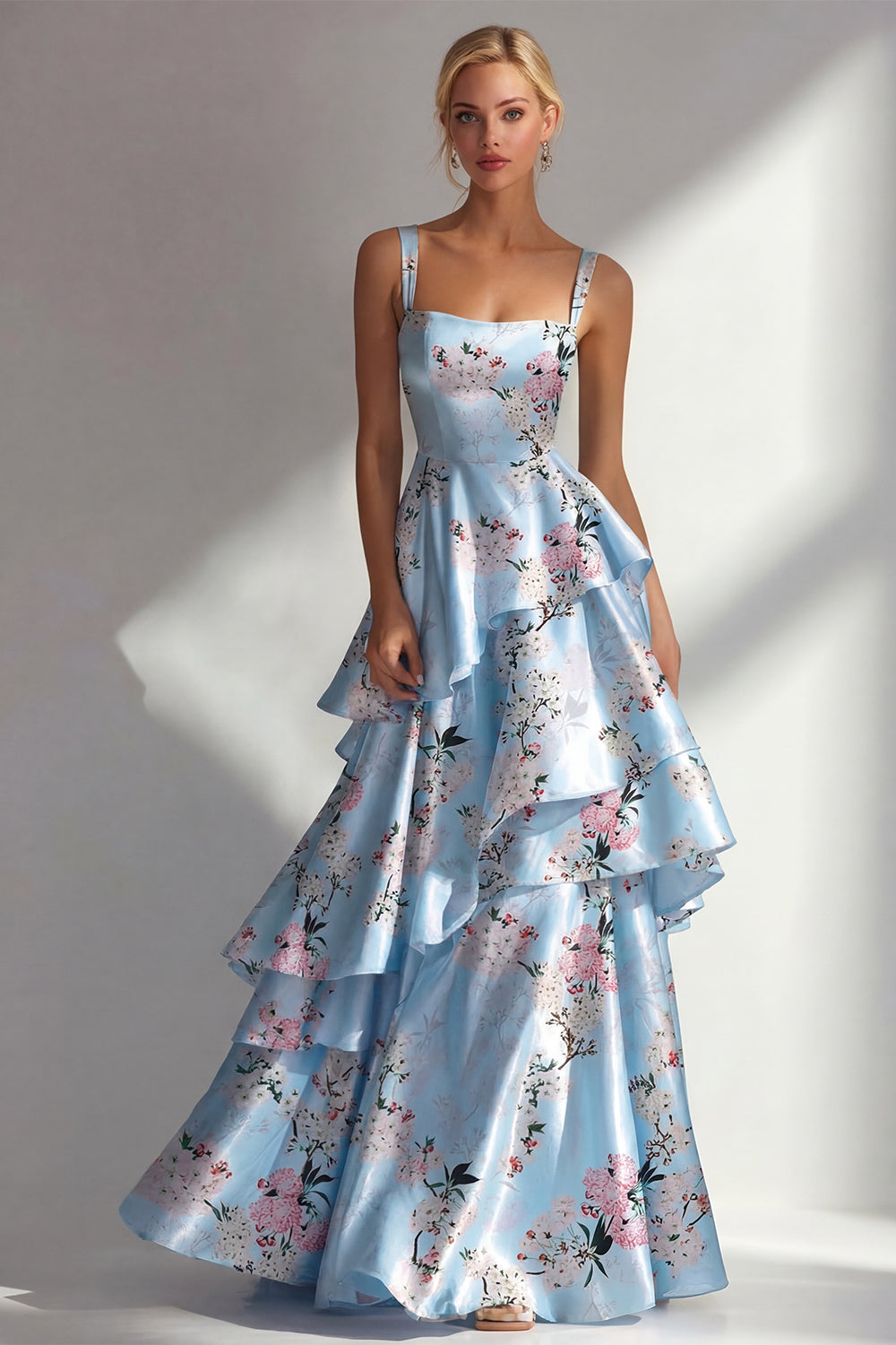 Blue A-Line Ruffled Printed Satin Long Floral Dress