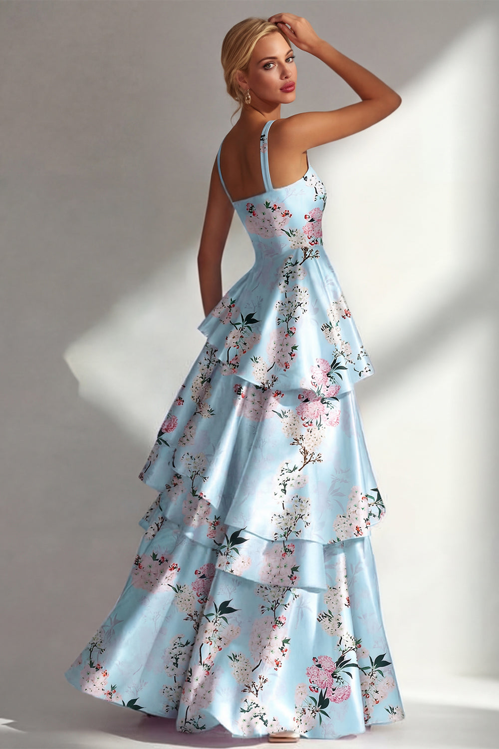 Blue A-Line Ruffled Printed Satin Long Floral Dress