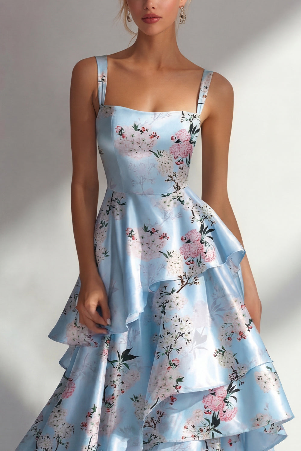 Blue A-Line Ruffled Printed Satin Long Floral Dress