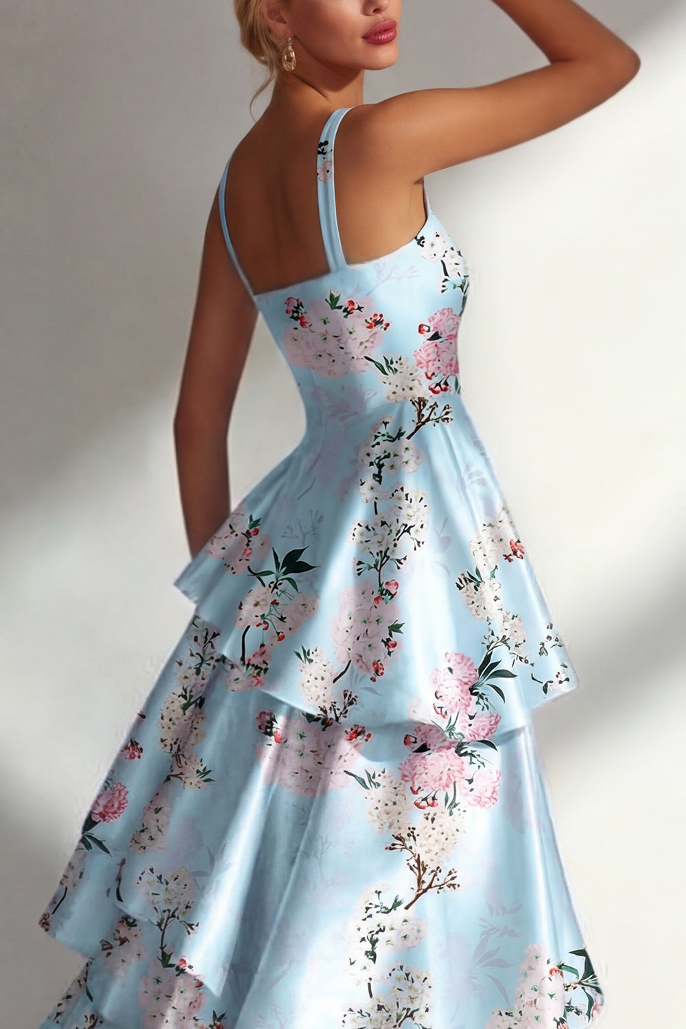 Blue A-Line Ruffled Printed Satin Long Floral Dress