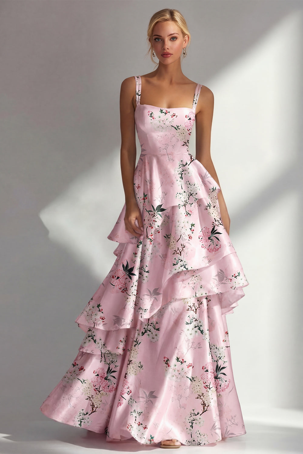 Blue A-Line Ruffled Printed Satin Long Floral Dress