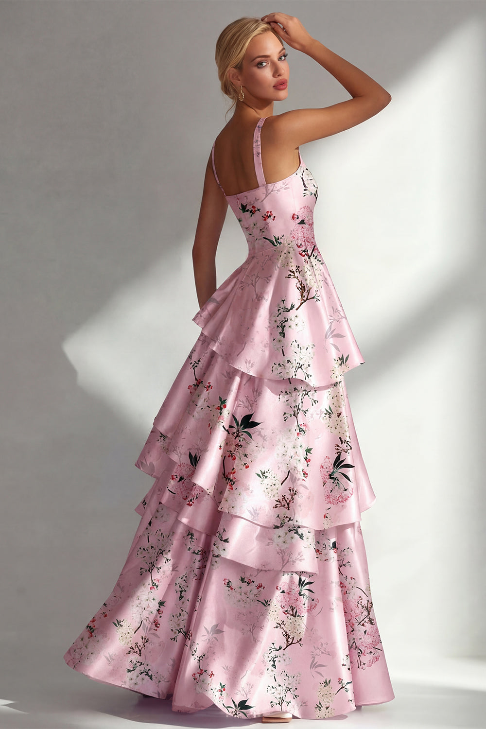 Blue A-Line Ruffled Printed Satin Long Floral Dress