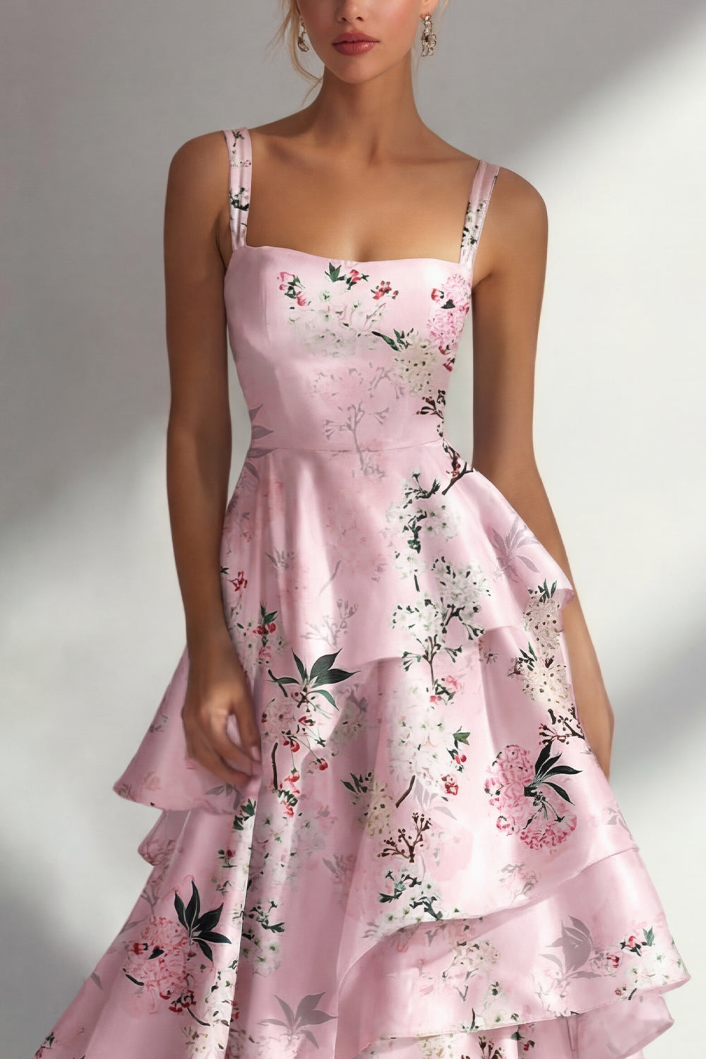 Blue A-Line Ruffled Printed Satin Long Floral Dress