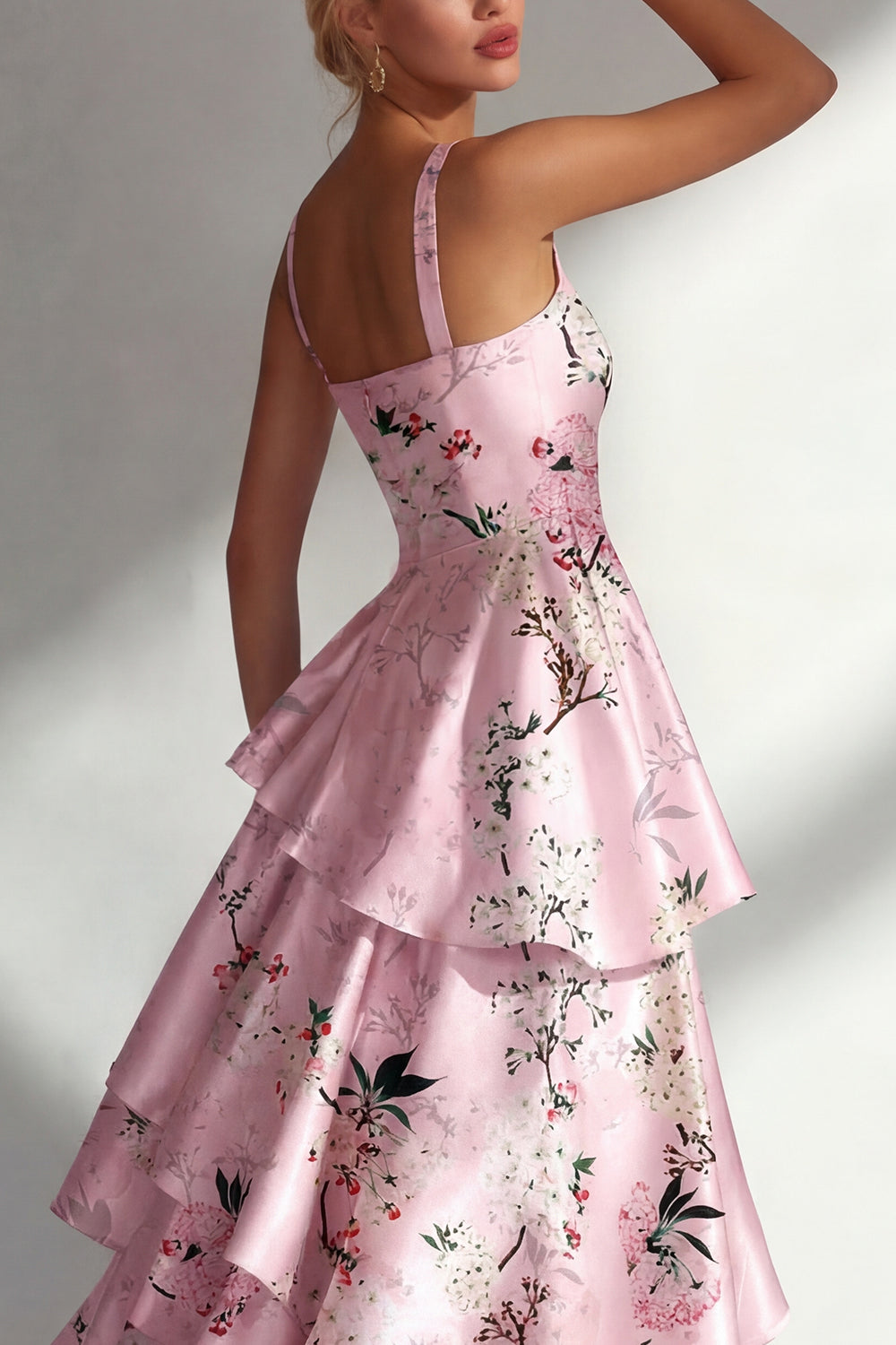 Blue A-Line Ruffled Printed Satin Long Floral Dress