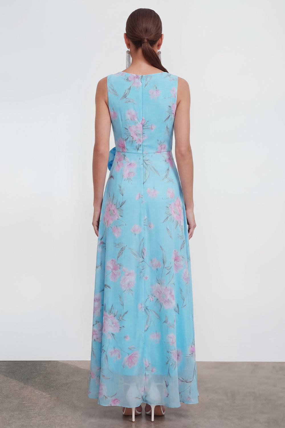 Blue A-Line 3D Flower Printed Long Chiffon Dress with Ruffle Slit