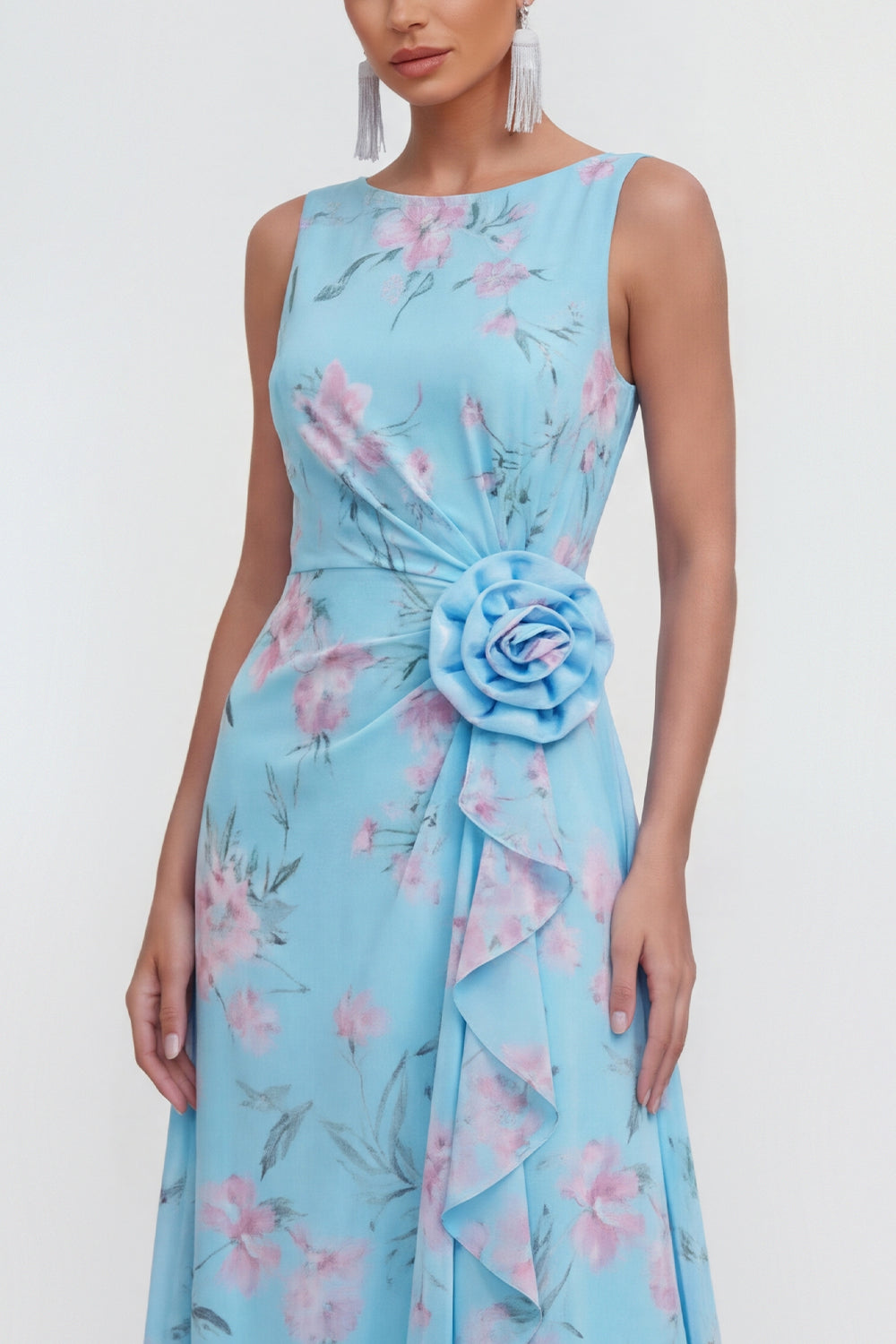 Blue A-Line 3D Flower Printed Long Chiffon Dress with Ruffle Slit