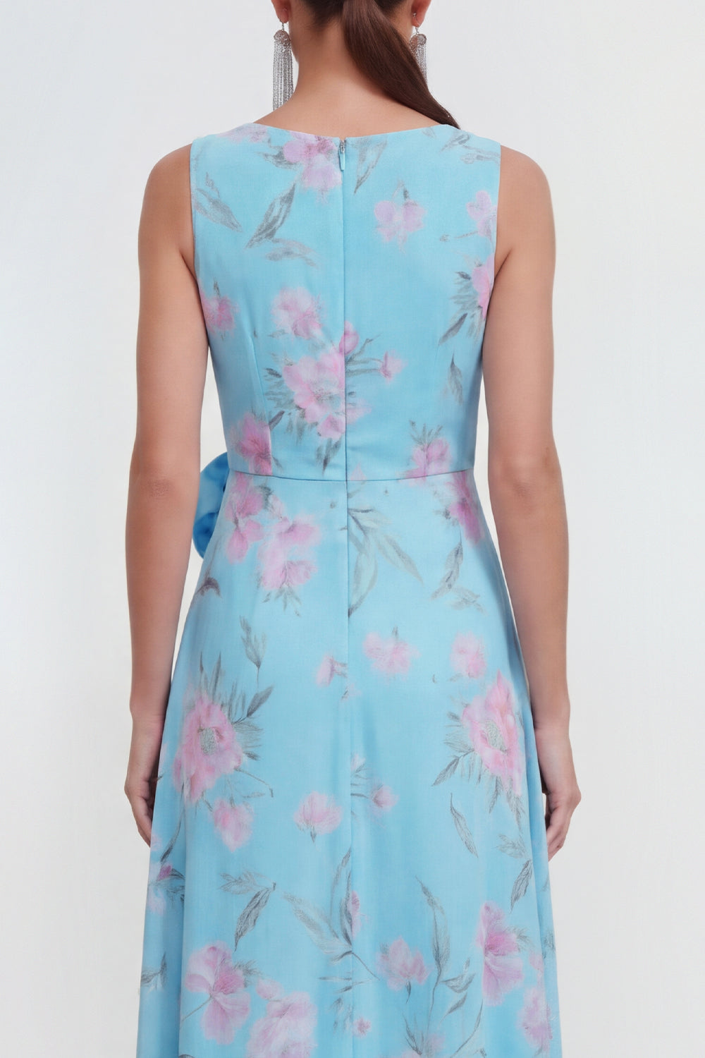 Blue A-Line 3D Flower Printed Long Chiffon Dress with Ruffle Slit