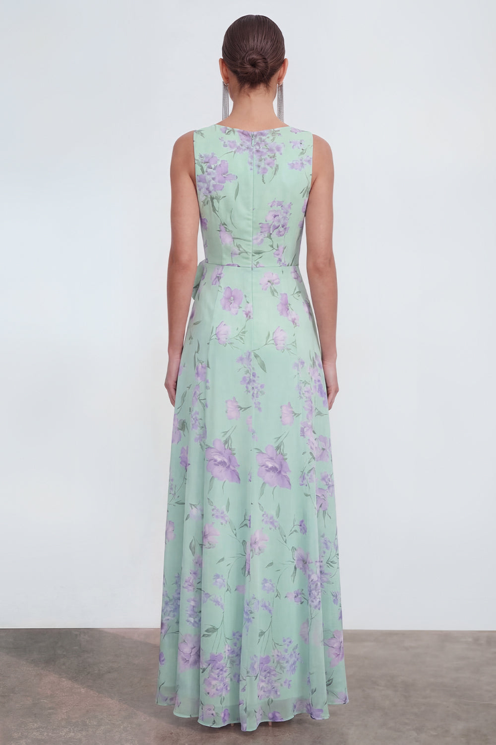 Blue A-Line 3D Flower Printed Long Chiffon Dress with Ruffle Slit