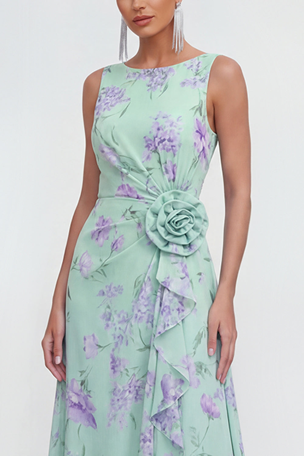 Blue A-Line 3D Flower Printed Long Chiffon Dress with Ruffle Slit