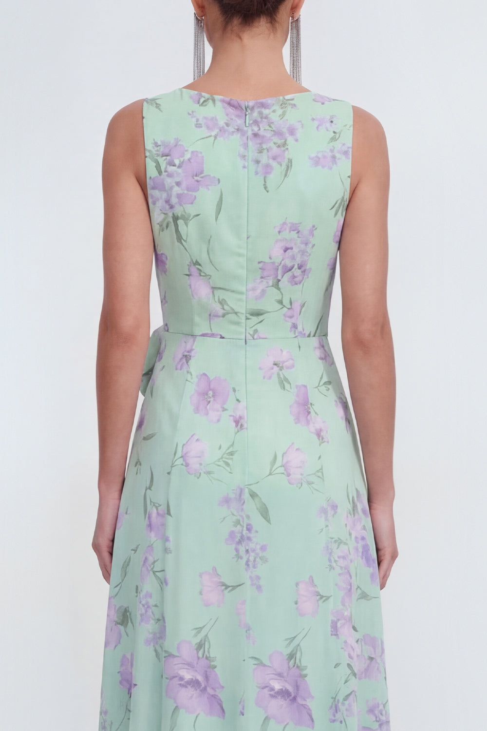 Blue A-Line 3D Flower Printed Long Chiffon Dress with Ruffle Slit