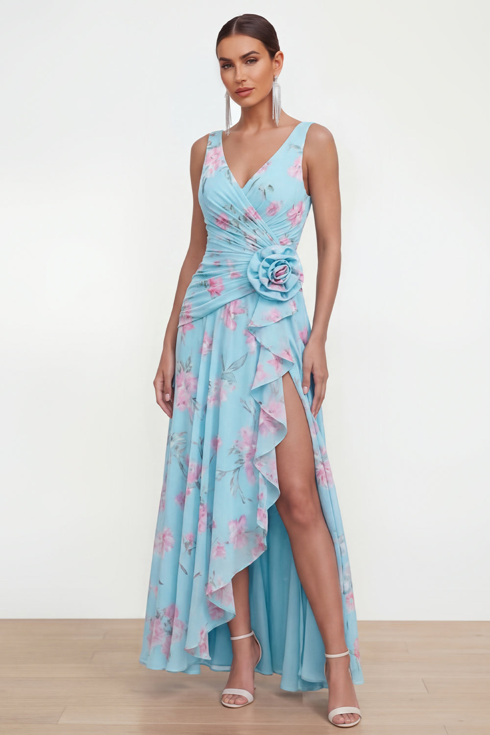 Blue Chiffon A-Line Ruched Side Slit Floral Dress with 3D Flower