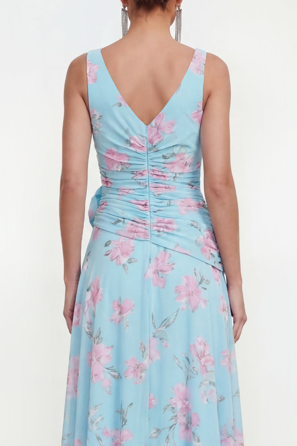 Blue Chiffon A-Line Ruched Side Slit Floral Dress with 3D Flower