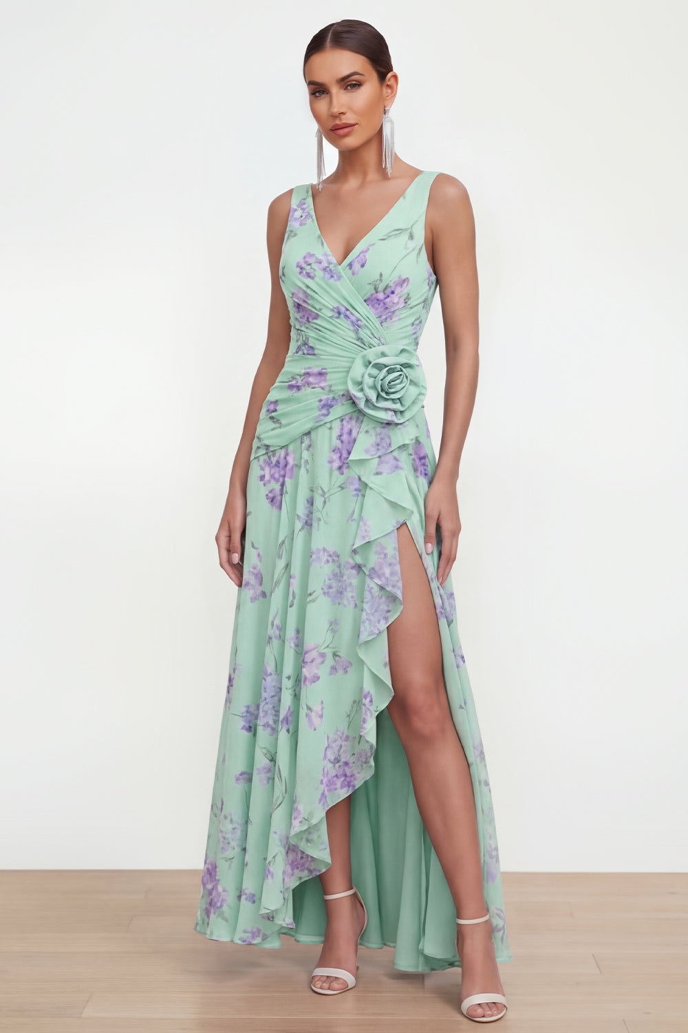 Blue Chiffon A-Line Ruched Side Slit Floral Dress with 3D Flower