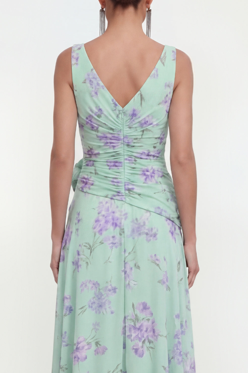 Blue Chiffon A-Line Ruched Side Slit Floral Dress with 3D Flower