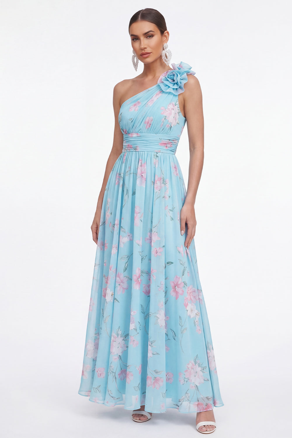 Robe longue fleurie en mousseline plissée verte à fleur 3D et épaule dénudée