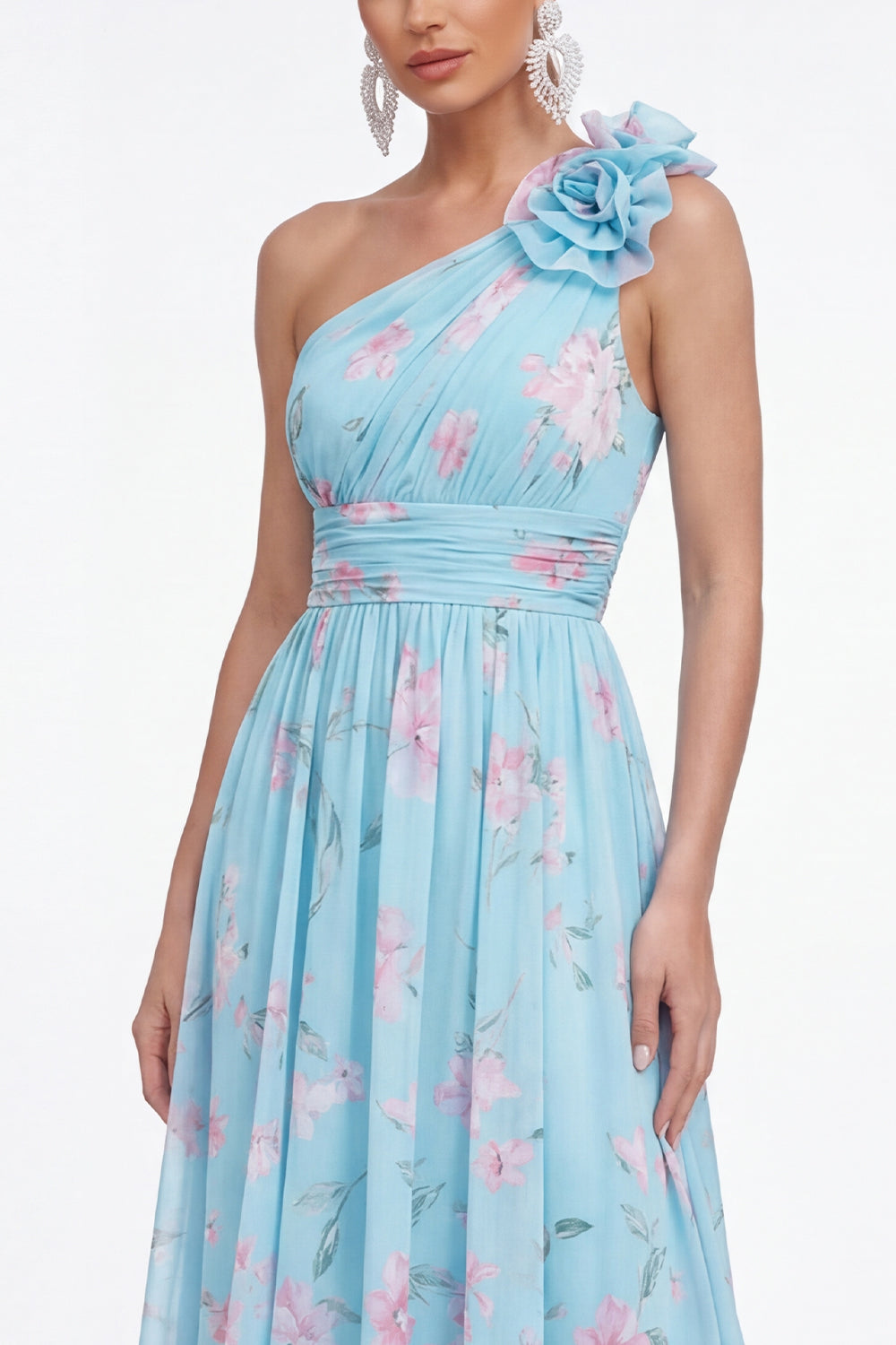 Robe longue fleurie en mousseline plissée verte à fleur 3D et épaule dénudée