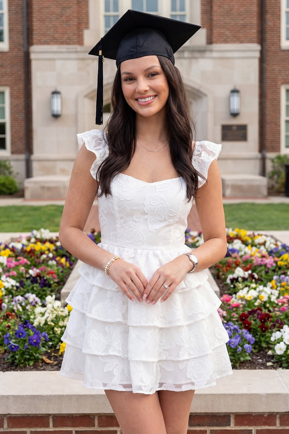 White Floral Corset A Line Tiered Ruffled Short Graduation Dress