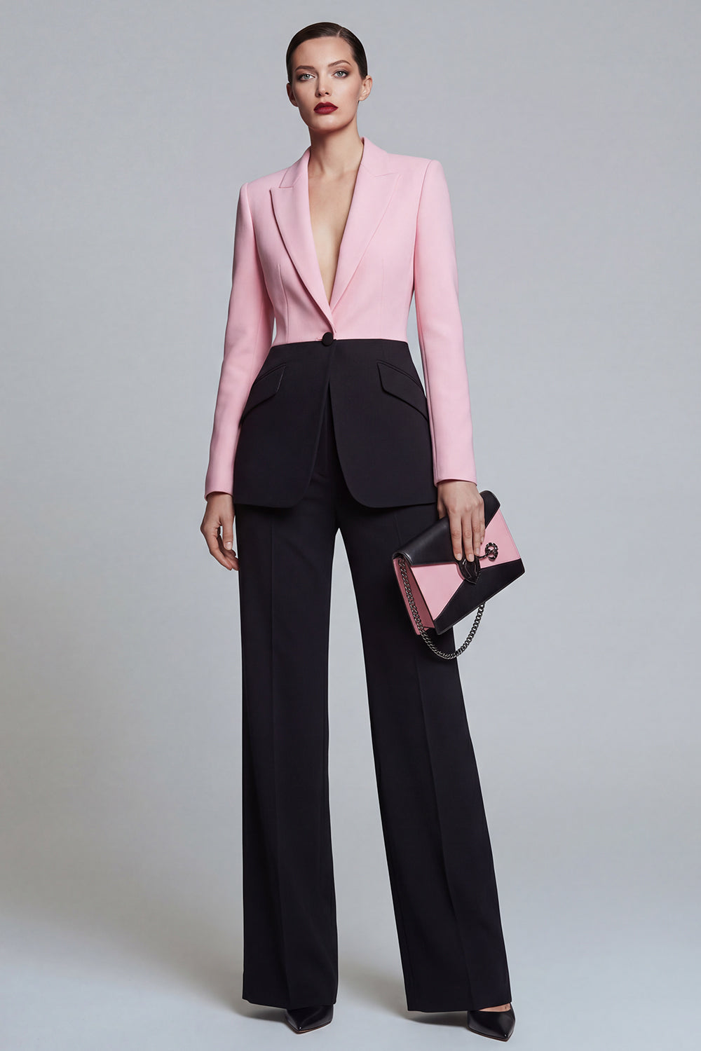 Costumes pour femmes Black Pink 2 pièces à revers cranté avec manches