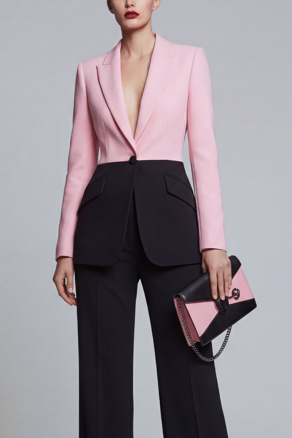 Costumes pour femmes Black Pink 2 pièces à revers cranté avec manches