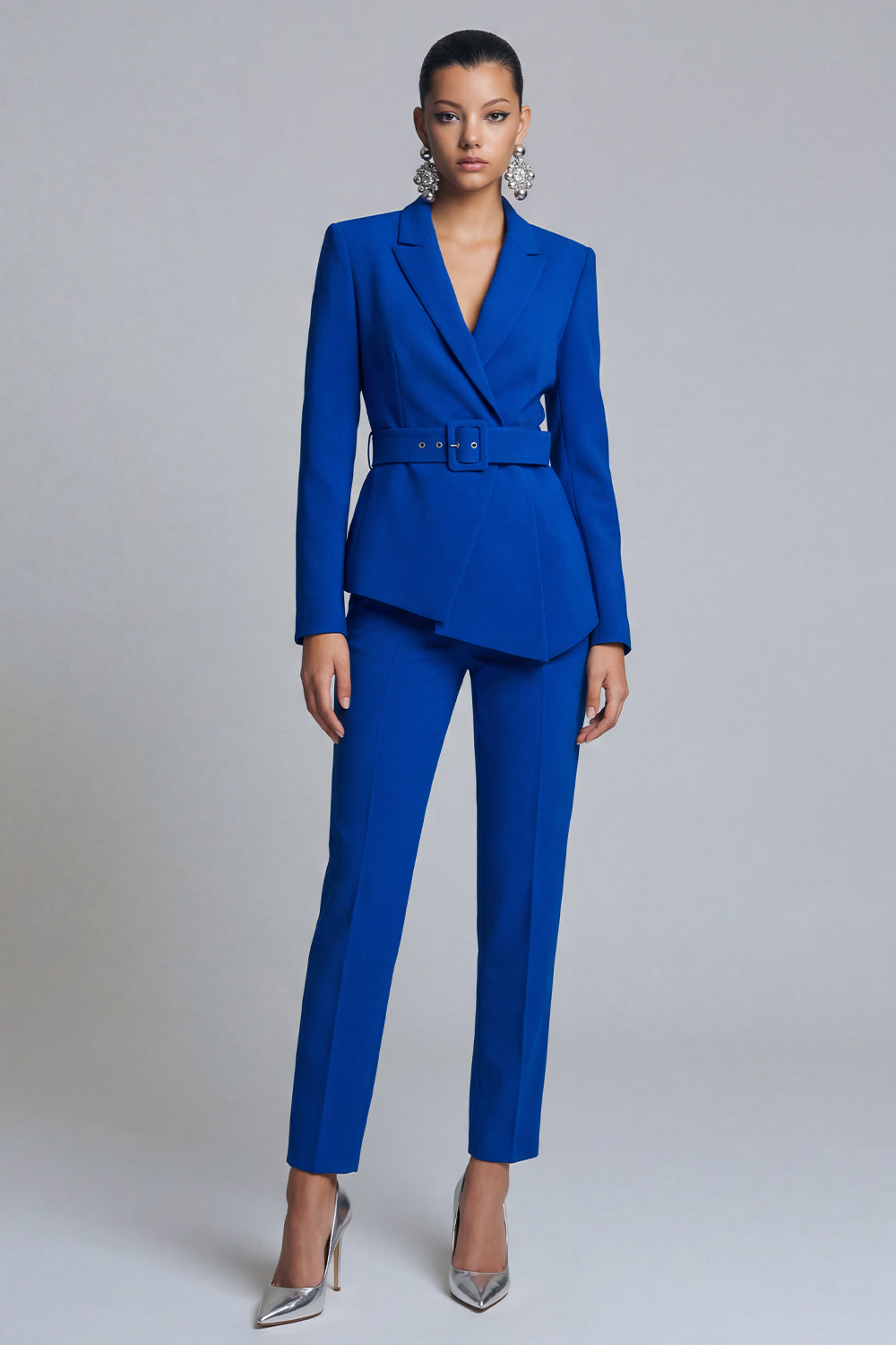 Royal Blue 2 Piece Peak Lapel Belt Women Suits with Sleeves