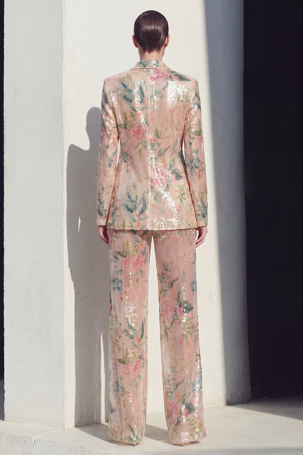 Champagne Floral 2 Piece Wide Leg Notched Lapel Single Breasted Prom Suits