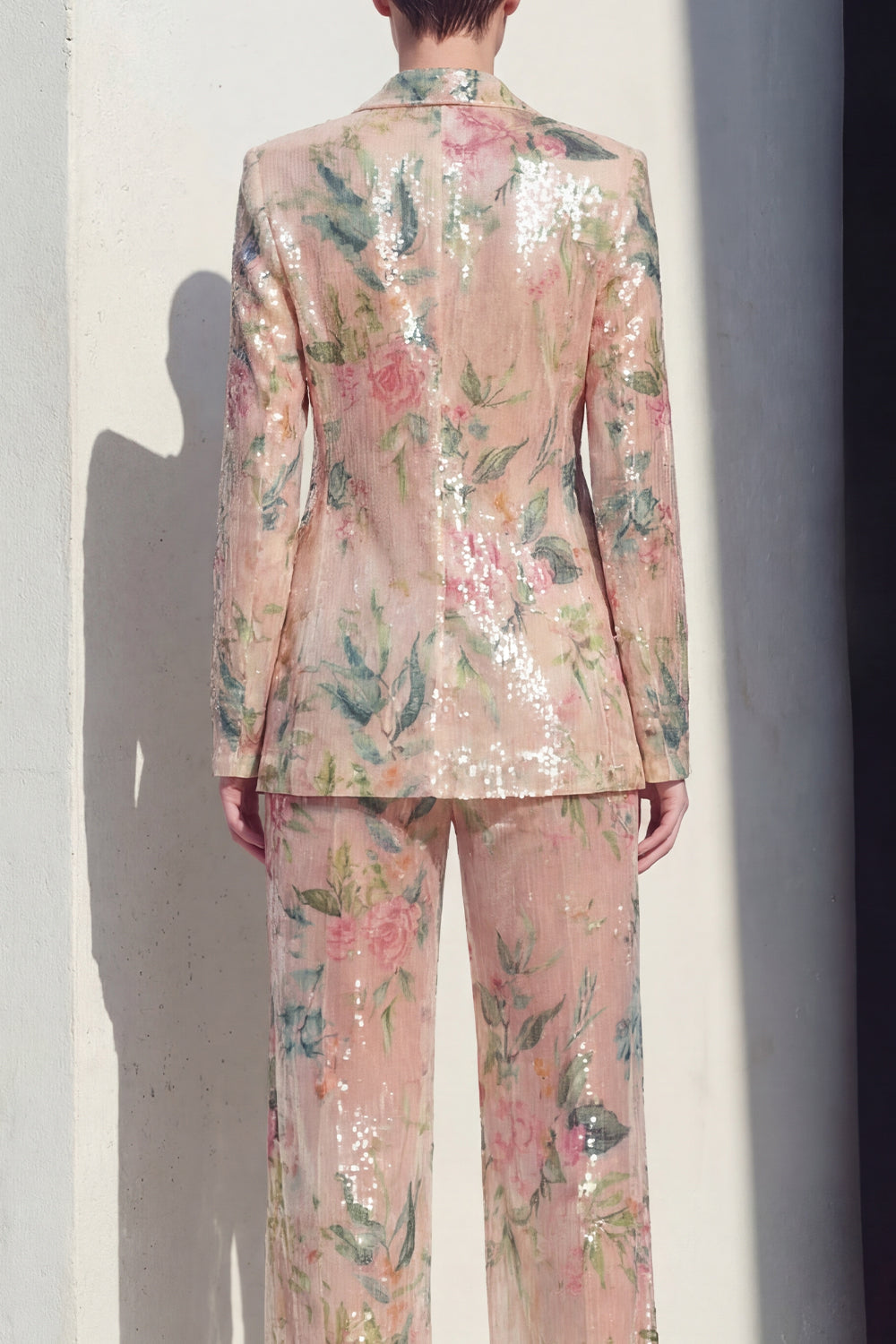 Champagne Floral 2 Piece Wide Leg Notched Lapel Single Breasted Prom Suits