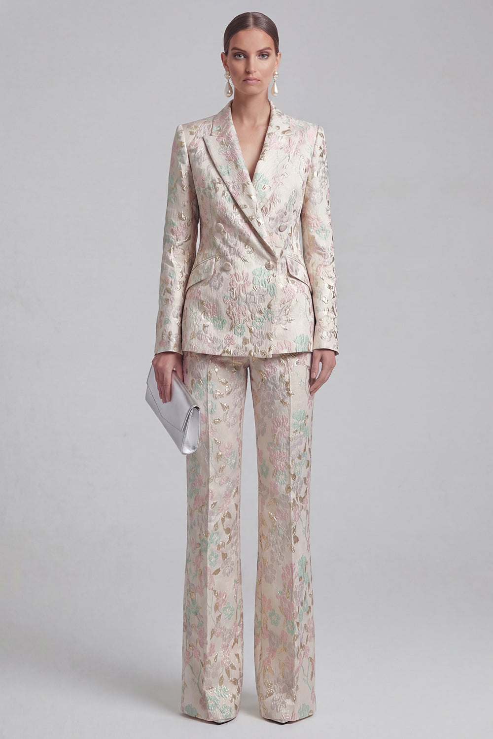 Costumes de bal croisés à revers fleuris bicolores champagne et rose