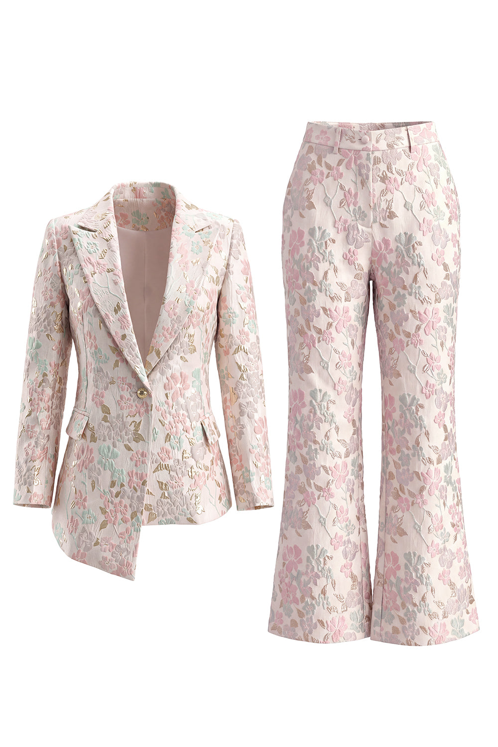 Costumes de bal croisés à revers fleuris bicolores champagne et rose