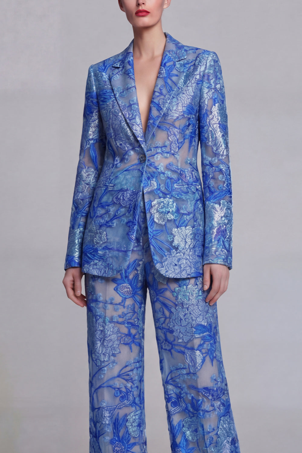 Dark Blue Lace Floral 2 Piece Single Breasted Notched Lapel Prom Suits