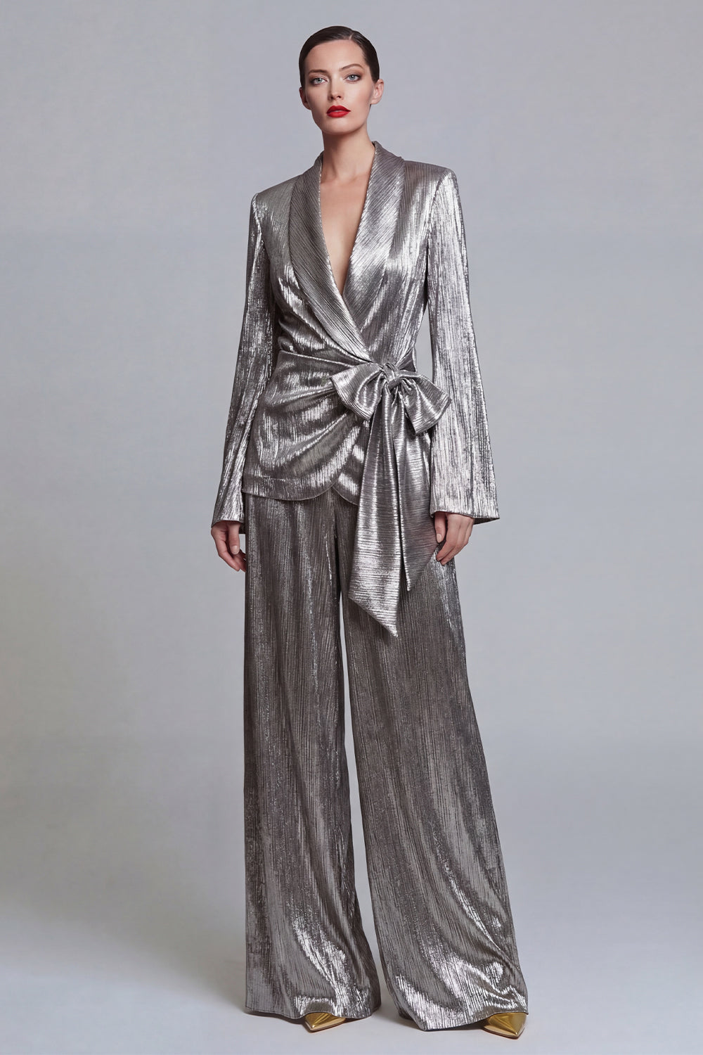 2 Piece Grey Wide Leg Shawl Lapel Prom Suits with Bow