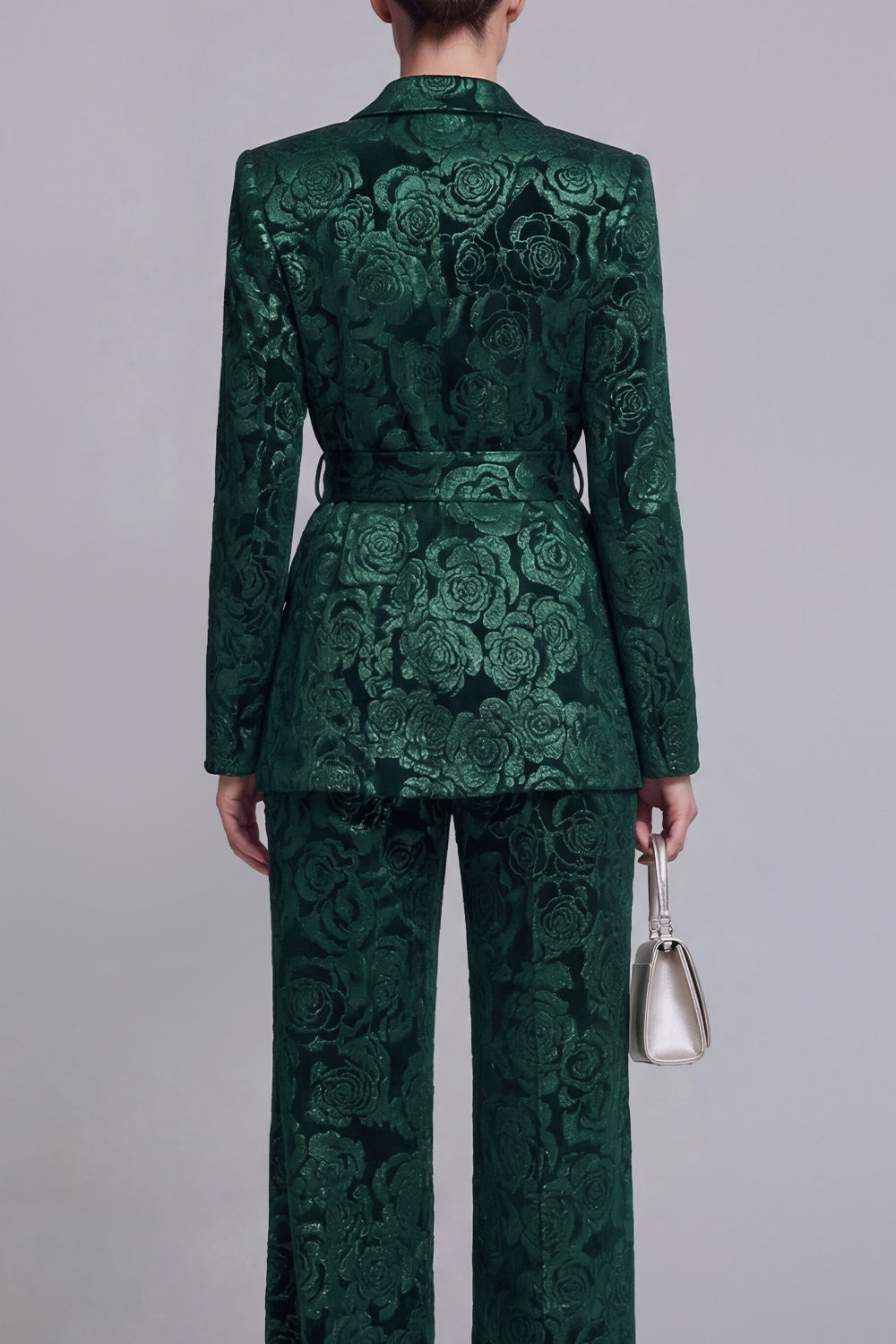 2 Piece Floral Dark Green Notched Lapel Wide Leg Prom Suits with Belt