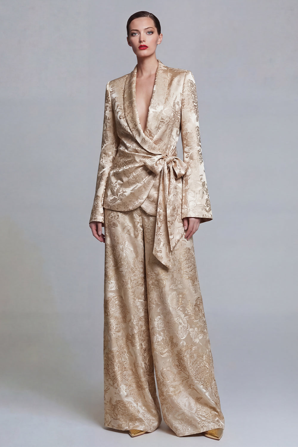 Costume de bal 2 pièces à revers châle et jambe large avec nœud papillon - Motif floral champagne