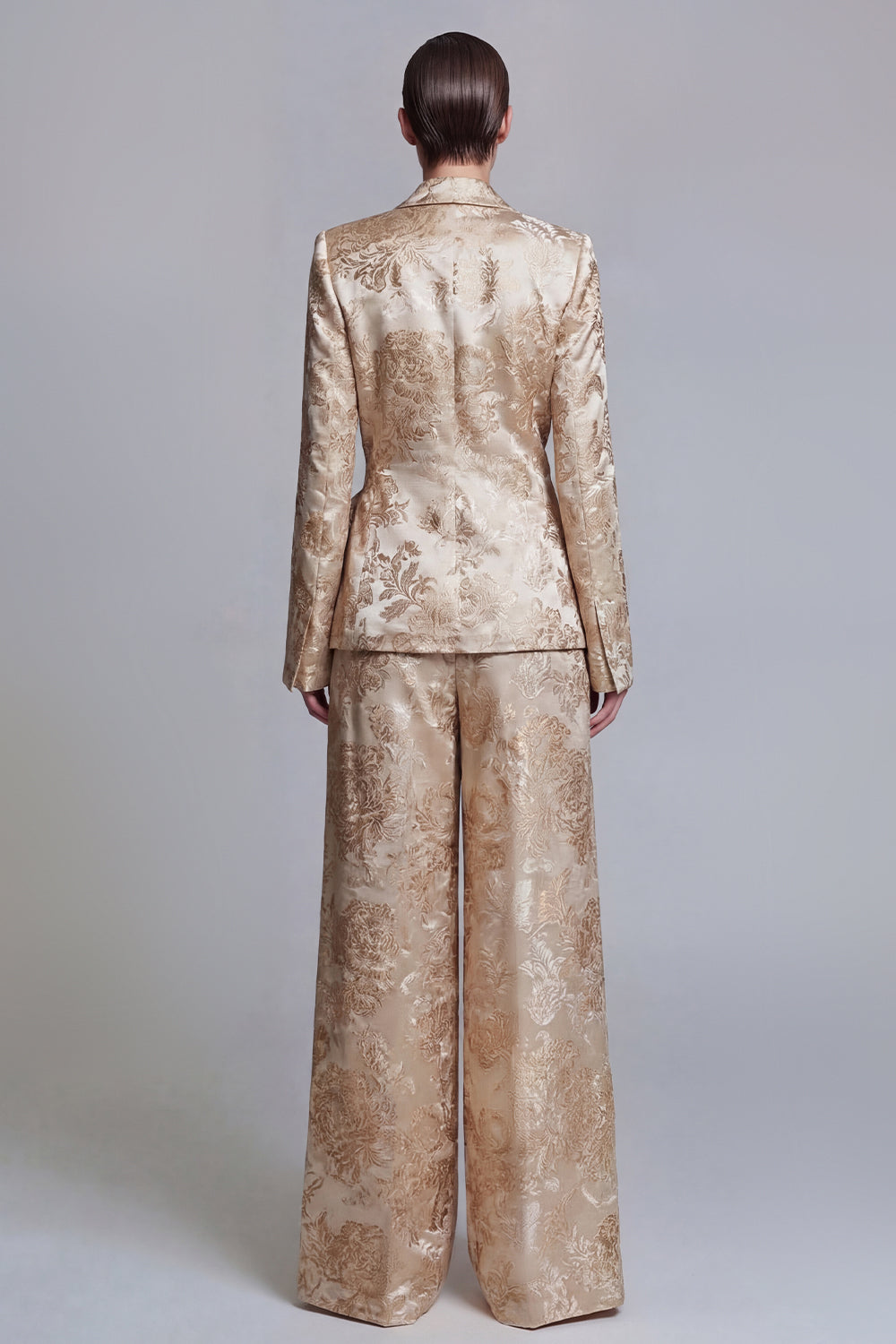 Costume de bal 2 pièces à revers châle et jambe large avec nœud papillon - Motif floral champagne