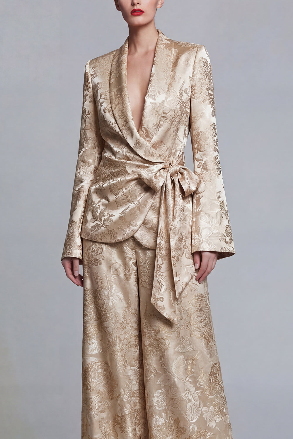 Costume de bal 2 pièces à revers châle et jambe large avec nœud papillon - Motif floral champagne